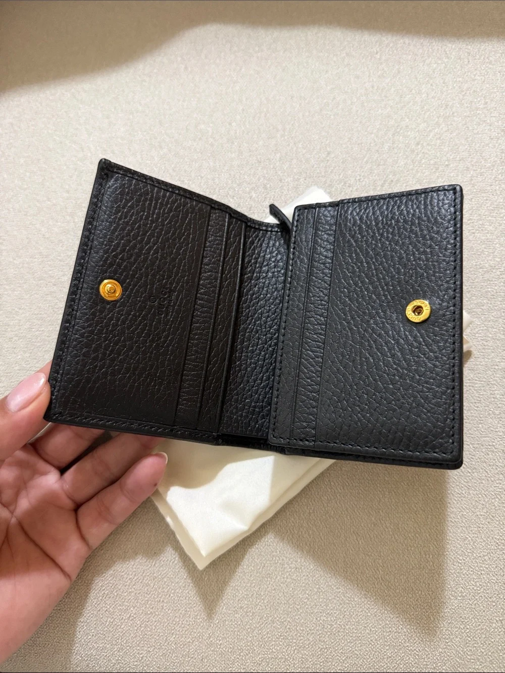 Like NEW Gucci Black Leather Compact Wallet with Gold Double G - Picture 2 of 13